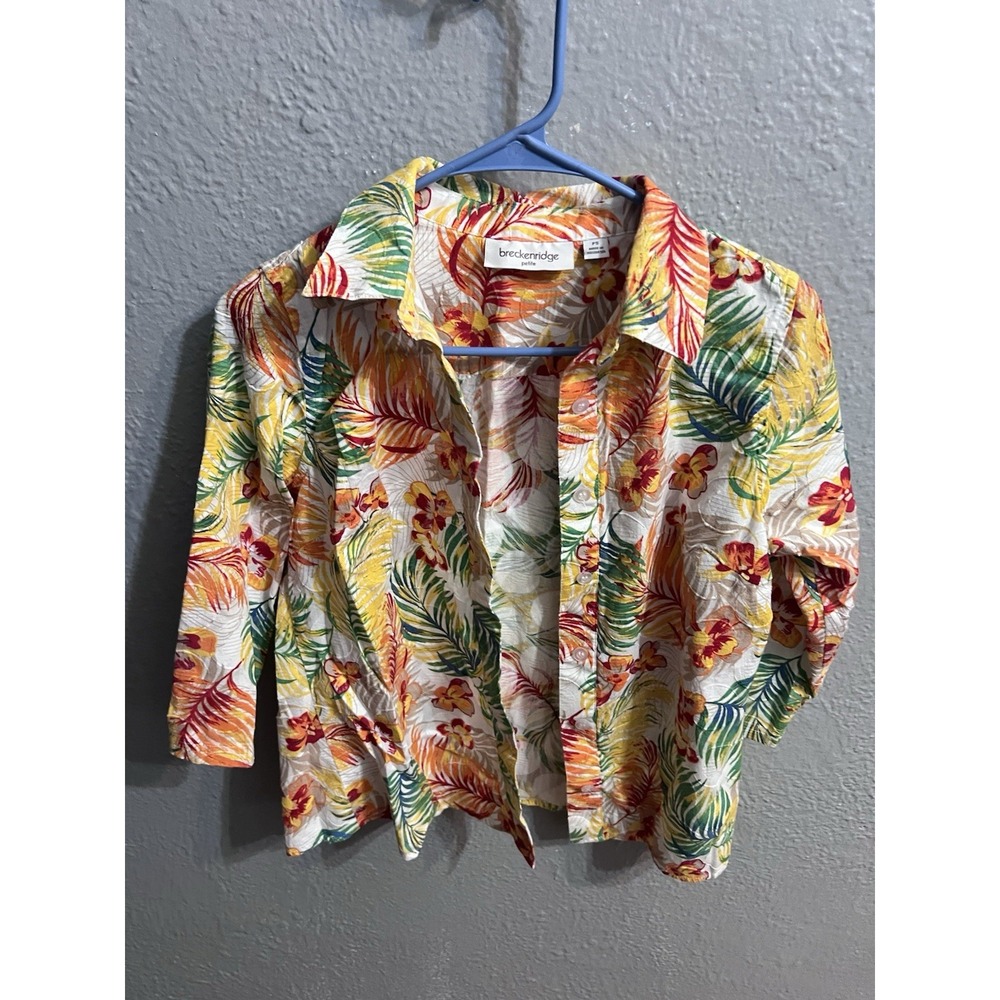 Breckenridge Women Tropical Floral Button Up 3/4 Sleeve Blouse Size PS